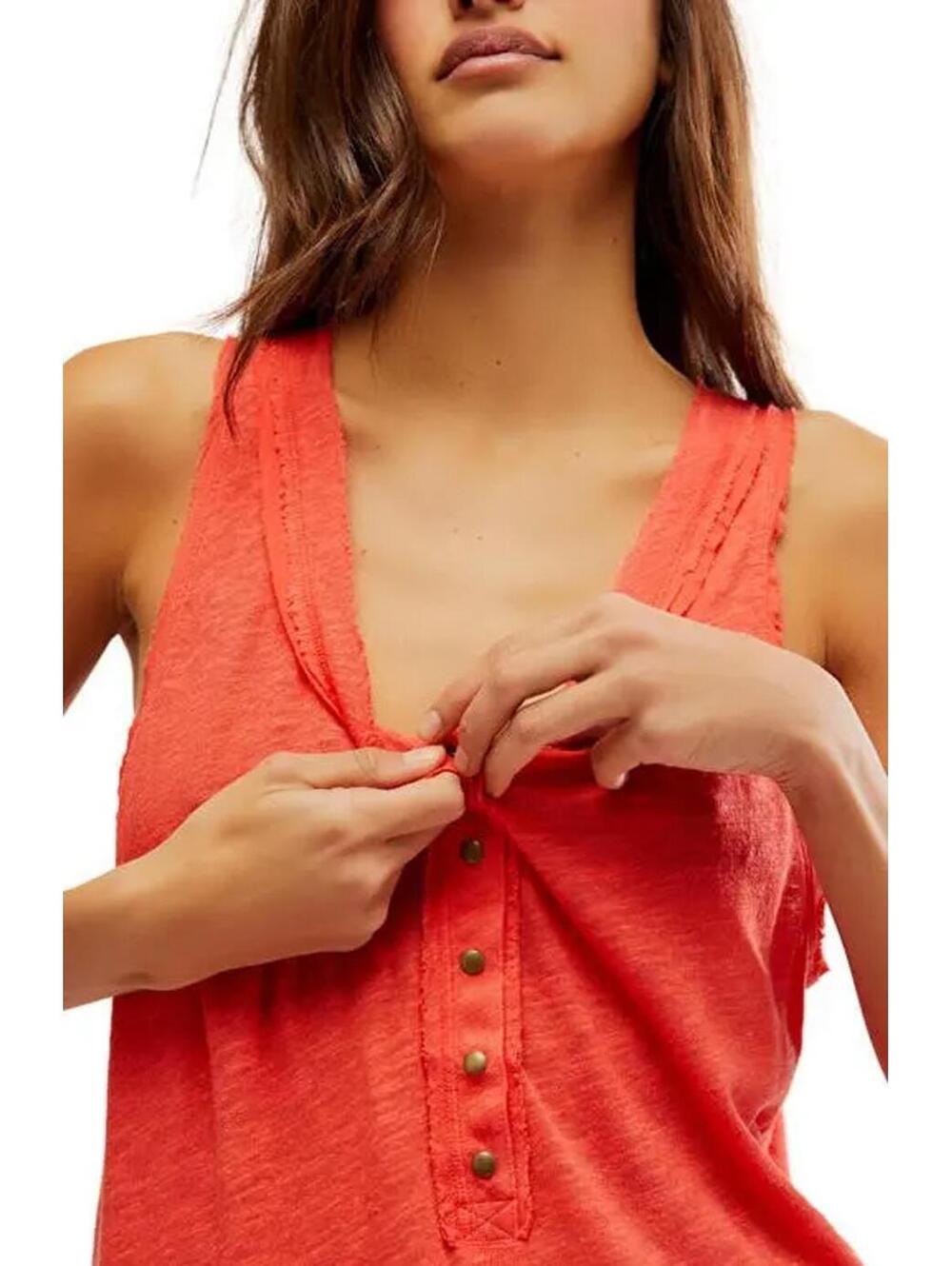 NWT Free People Love Language Red Linen Scoop Neck Henley Tank Top Small - Picture 5 of 9